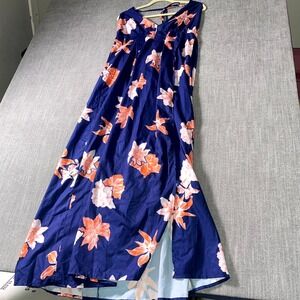 Yoins Maxi Dress Women's Large Blue Orange Floral Pleated Slit Tie Back‎ V Neck